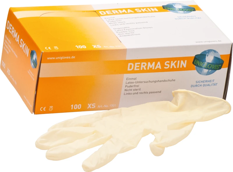 DERMA SKIN Latexhandschuhe  Packung  100 Stück puderfrei, naturlatex, XS