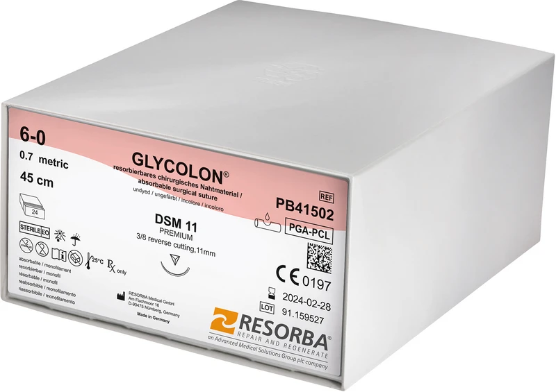 Glycolon® Monofil  Packung  24 Stück ungefärbt, 45 cm, DSM11, 3\8 Kreis, außen schneidend, Premium-Schliff, 11 mm, USP 6\0