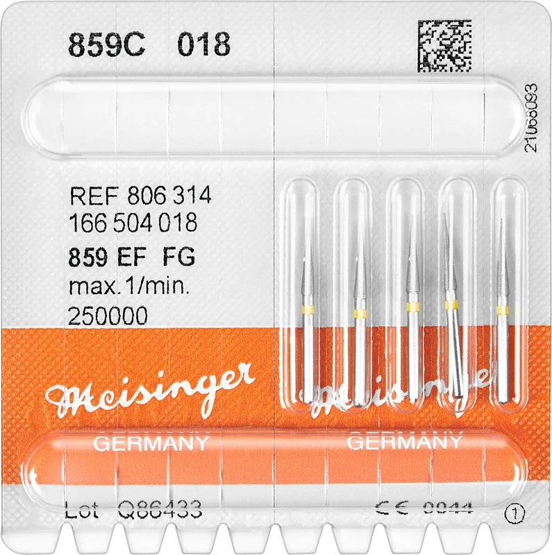 Diamanten 859  Packung  5 Stück gelb extra fein, FG, Figur 166 kon. spitz, 10 mm, ISO 018