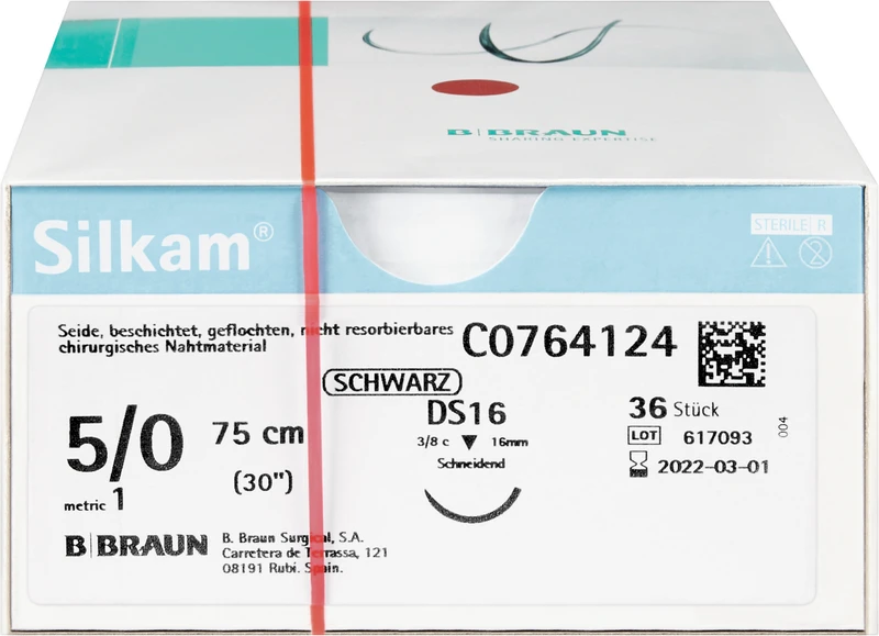 Silkam®  Packung  36 Stück schwarz, 75 cm, DS16, 3\8 Kreis, schneidend, 16 mm, USP 5\0