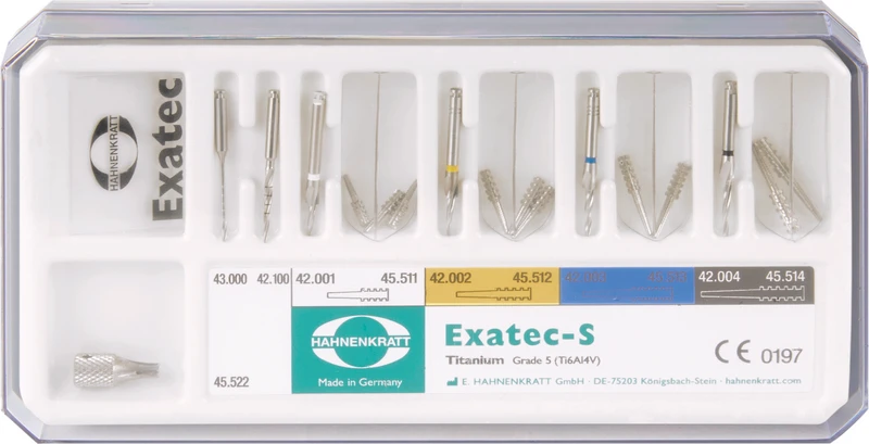 Exatec S   Standard Set  1 Kanalerweiterer, 5 Bohrer, 10 Exatec-S Titan-Stifte, 1 Messschablone, 1 Einsetz-Tool 