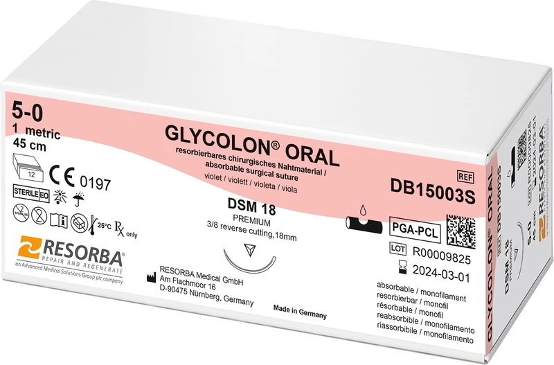 Glycolon® Oral  Packung  12 Stück violett, 45 cm, DSM18 silber, 3\8 Kreis, außen schneidend, Premium-Schliff, 18 mm, USP 5\0