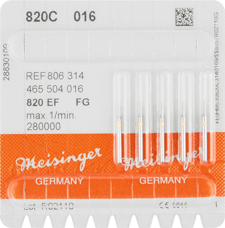 Diamanten 820  Packung  5 Stück gelb extra fein, FG, Figur 465 Interdental, 5 mm, ISO 016