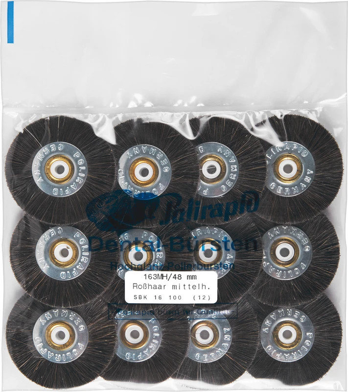 Schmalbürsten  Packung  12 Stück mit weißen Kunststoffkern, Roßhaar (Mähne) mittelhart, Ø 48 mm, S: 4 mm