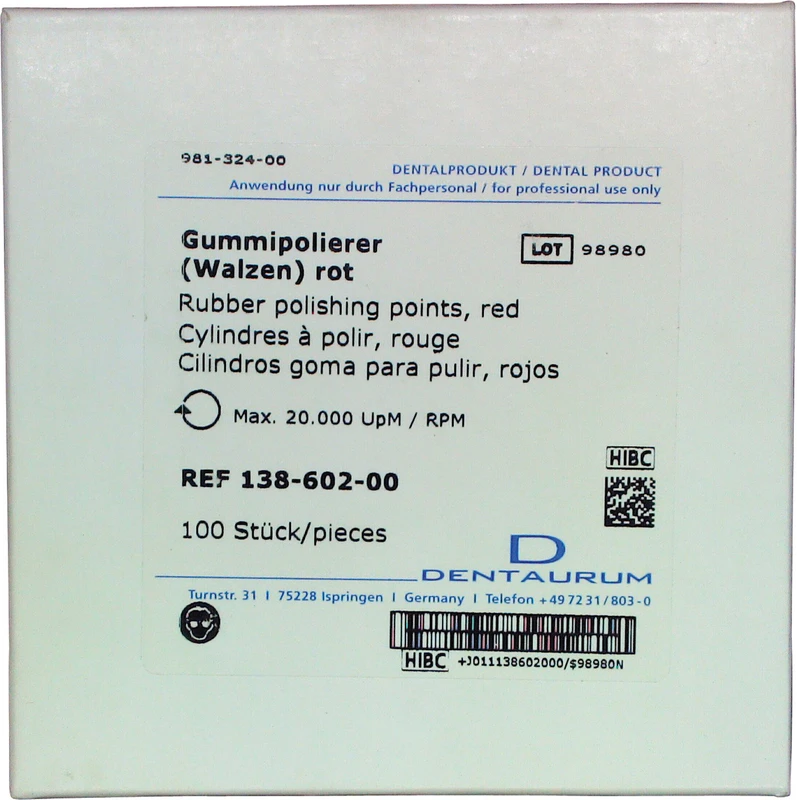 Gummipolierer  Packung  100 Stück UM, rot sehr fein, Fig. 114, Seite u. Stirn schneidend, ISO 070