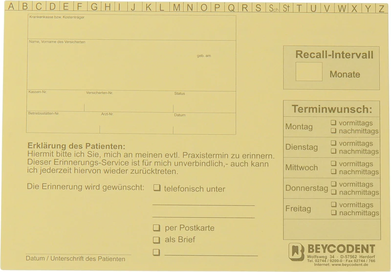 Recall-Karteikarte   Packung  100 Stück gelb