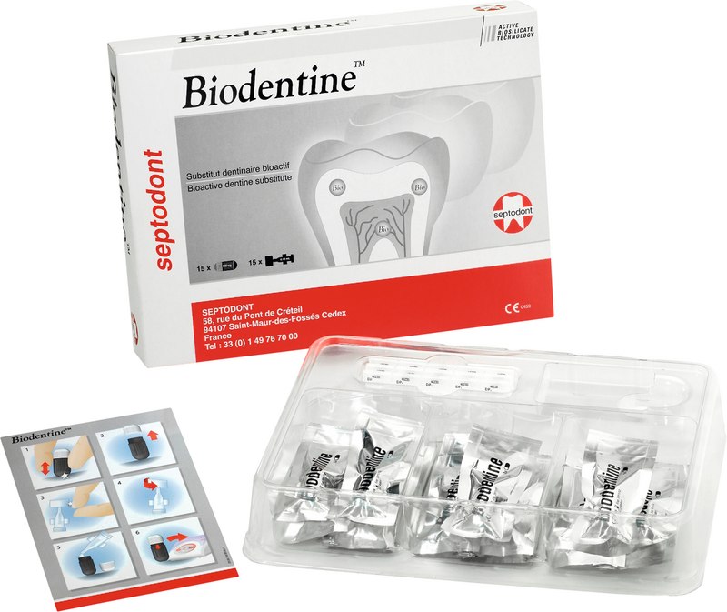 Biodentine  Packung  15 Kapseln Pulver, 15 Flüssigkeitspipetten, 15 Applikatoren, 1 Kapselhalter