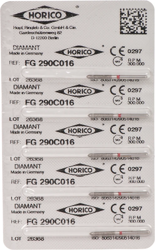 Diamantschleifer 290  Packung  5 Stück rot fein, FG, Figur 290, 10 mm, ISO 016