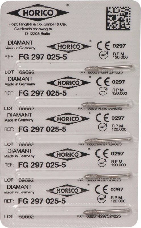 Diamantschleifer 297  Packung  5 Stück FG, Figur 297, 6 mm, ISO 025