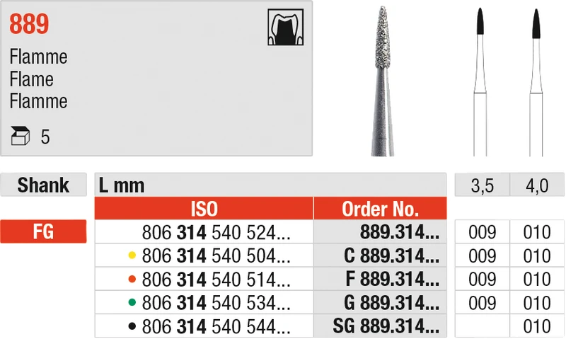 Diamanten 889  Packung  5 Stück rot fein, FG, Figur 540 Flamme, 3,5 mm, ISO 009