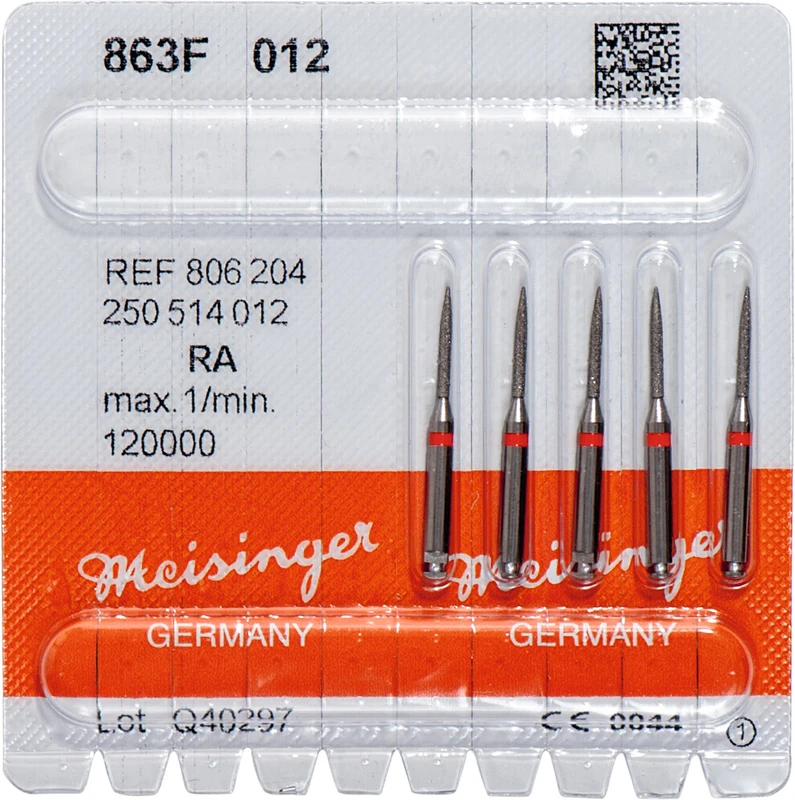 Diamanten 863  Packung  5 Stück rot fein, RA, Figur 250 Flamme, 10 mm, ISO 012