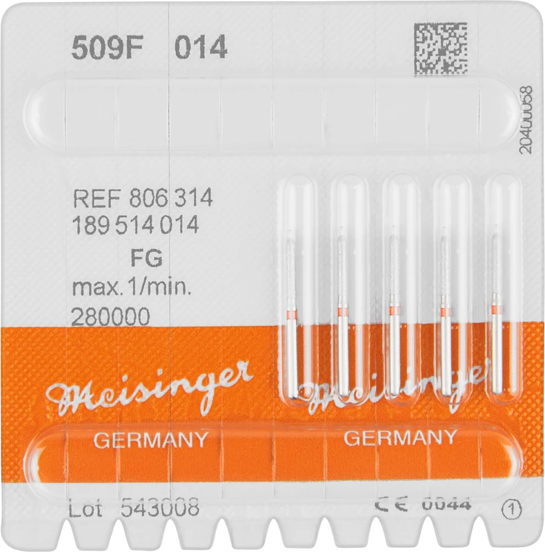Diamanten 509  Packung  5 St. rot fein, FG, Fig. 189 Par. Hohlkehle m. Führungsspitze, 8 mm, ISO 014