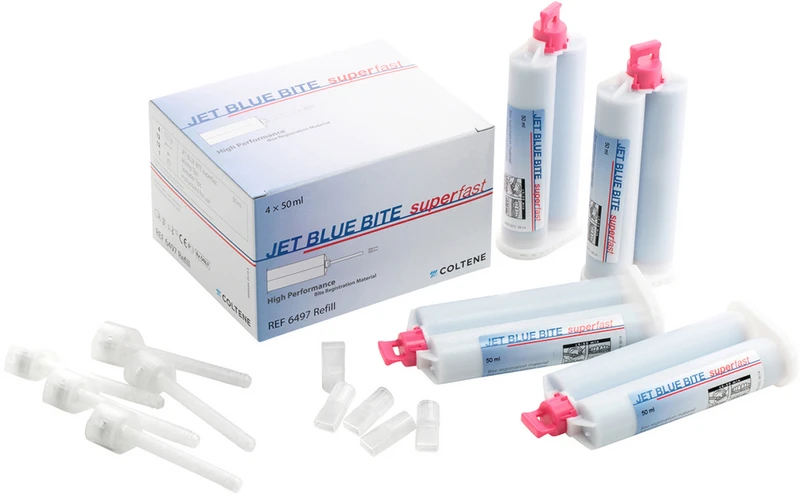 JET BLUE® BITE superfast  Refill Packung  4 x 50 ml Doppelkartusche, 12 Mixing Tips, 12 Spreader Tips