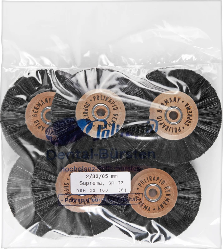 Suprema Rundbürsten  Packung  6 Stück mit Holzkern, 2-reihig, spitz, Kern: 33 mm, Außen: 65 mm