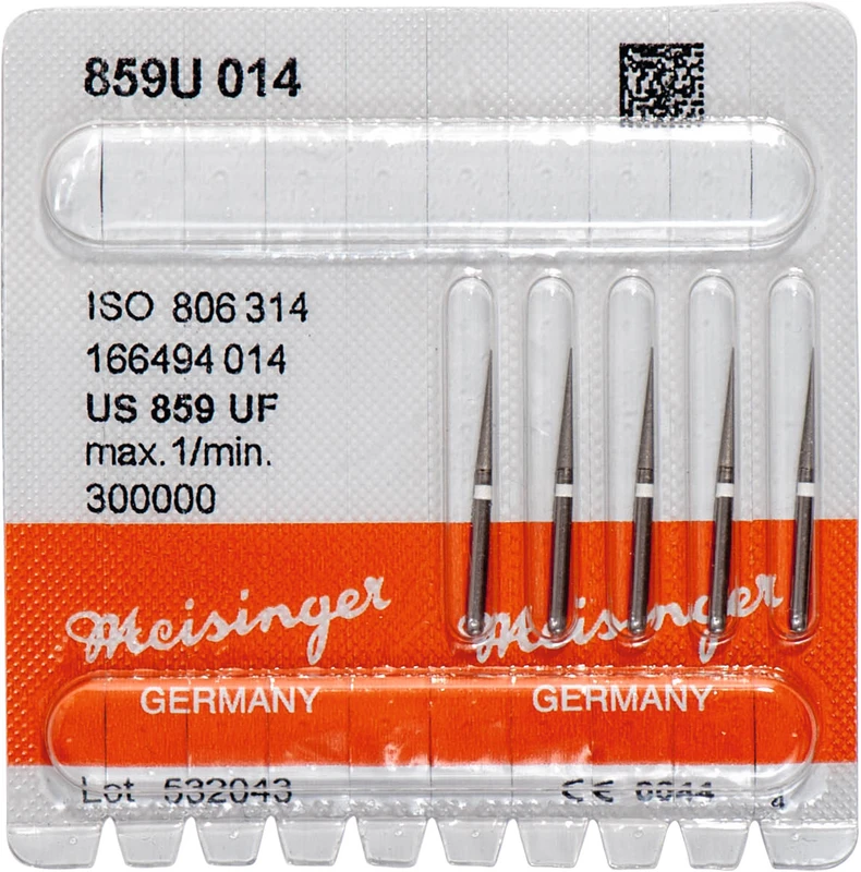Diamanten 859  Packung  5 Stück weiß ultra fein, FG, Figur 166 kon. spitz, 10 mm, ISO 014