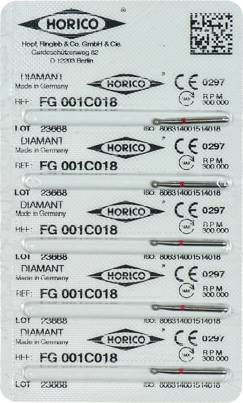 Diamantschleifer 001  Packung  5 Stück rot fein, FG, Figur 001, rot ISO 018