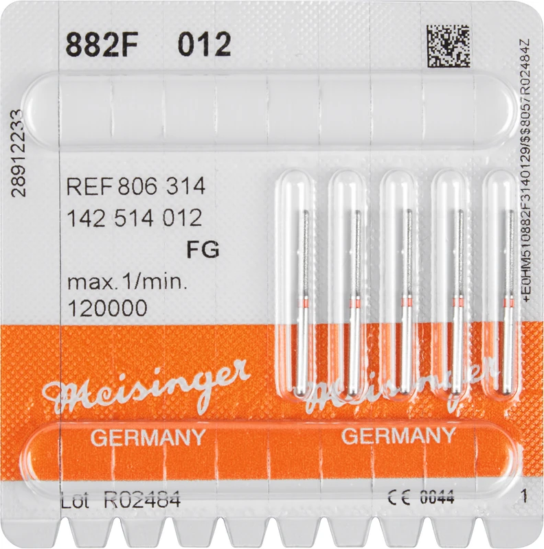 Diamanten 882  Packung  5 Stück rot fein, FG, Figur 142 Zylinder rund, 10 mm, ISO 012
