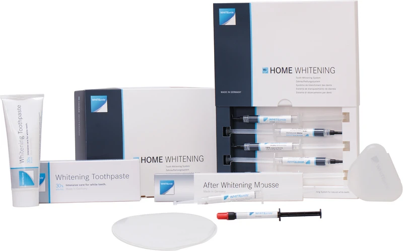 HOME WHITENING  Patienten Kit  5 x 3 ml Zahnaufhellungsgel 16 % CP, 3 ml After Whitening Mousse, Zubehör