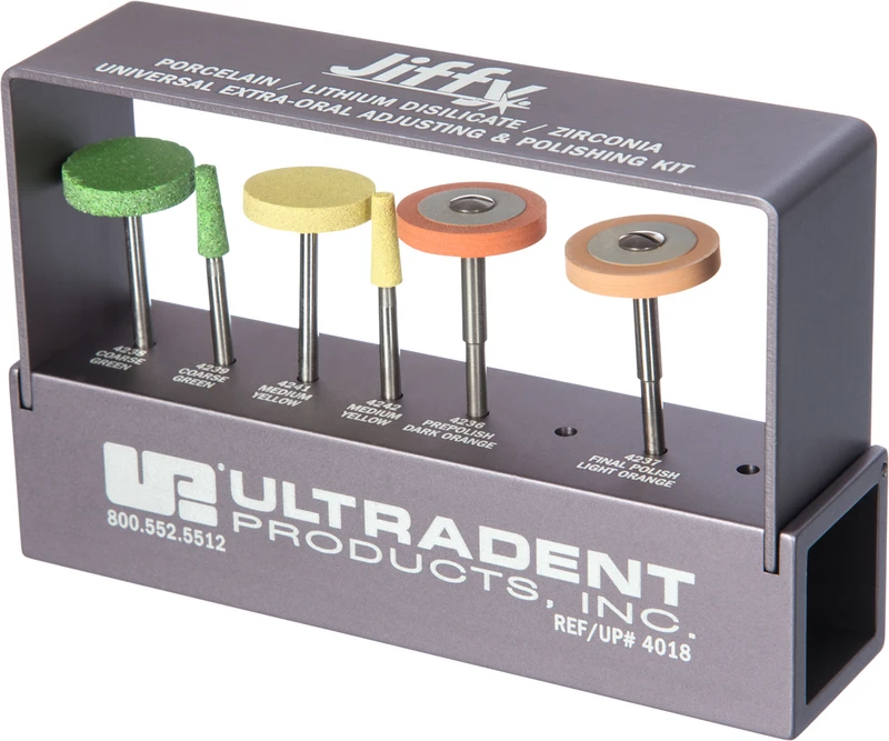 Jiffy Universal  Extraoral Adjusting & Polishing Kit  6 Stück (2 x grob, 3 x mittel, 1x fein), HP, 1 Alu Block