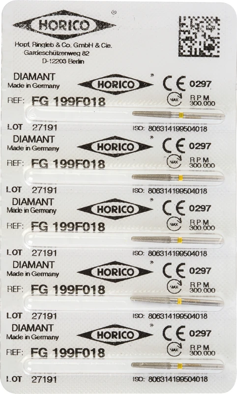 Diamantschleifer 199  Packung  5 Stück gelb x-fein, FG, Figur 199, 10 mm, ISO 018