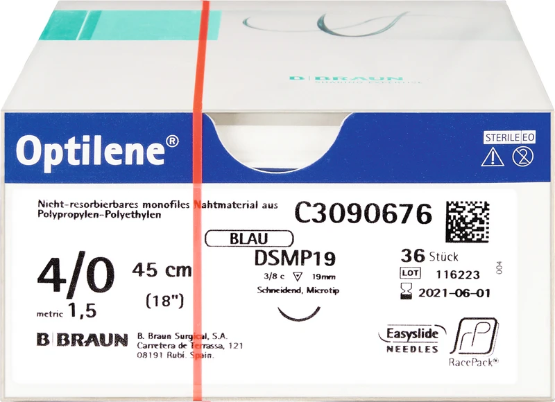Optilene®  Packung  36 Stück blau, 45 cm, DSMP19, 3\8 Kreis, schneidend, Mikropräzision, 19 mm, USP 4\0