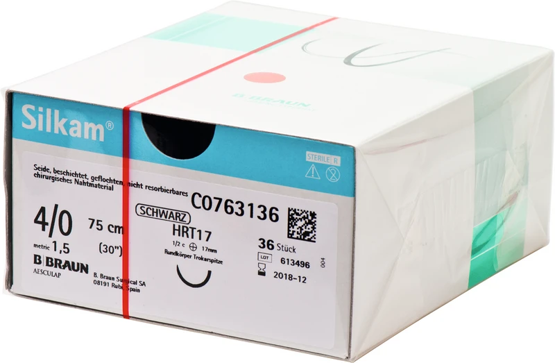 Silkam®  Packung  36 Stück schwarz, 75 cm, HRT17, 1\2 Kreis, trokar, Rundkörper, 17 mm, USP 4\0