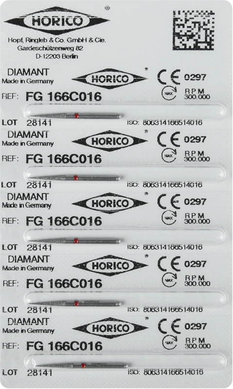 Diamantschleifer 166   Blister  5 Stück rot fein, FG, Figur 166, 10 mm, ISO 016