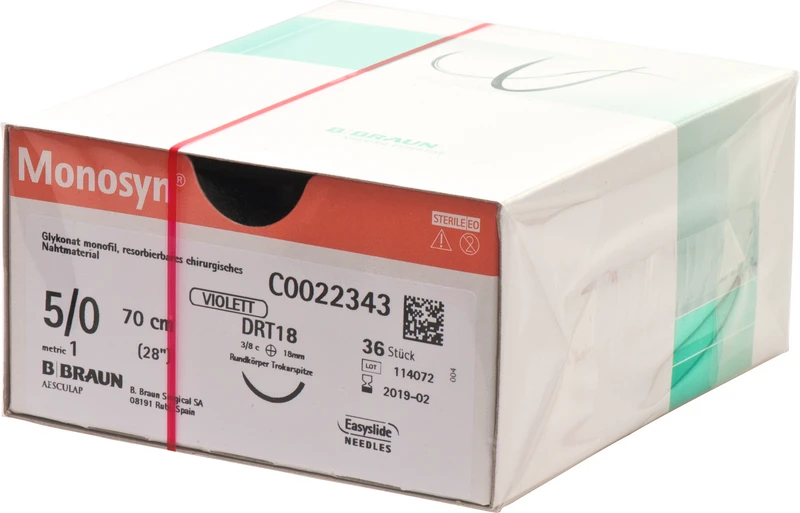 Monosyn®  Packung  36 Stück violett, 70 cm, DRT18, 3\ Kreis, trokar, Rundkörper, 18 mm, USP 5\0