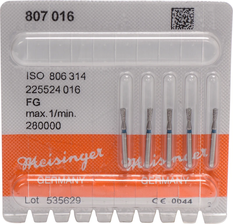 Diamanten 807  Packung  5 St. blau mittel, FG, Figur 225 umgek. Kegel, Kante scharf, 4 mm, ISO 016