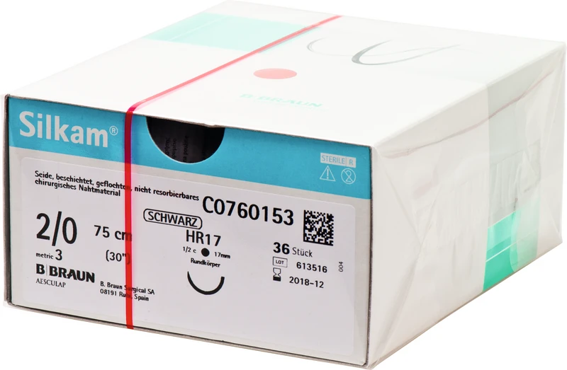 Silkam®  Packung  36 Stück schwarz, 75 cm, HR17, 1\2 Kreis, Rundkörper, 17 mm, USP 2\0