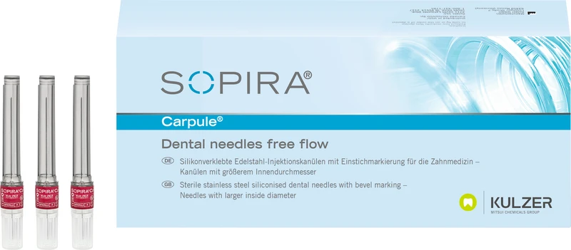 SOPIRA® Carpule® Free Flow Kanülen  Packung  100 Stück 27G, 38 mm, langer Anschliff, dunkelrot, Typ Injektion Nervenblockade