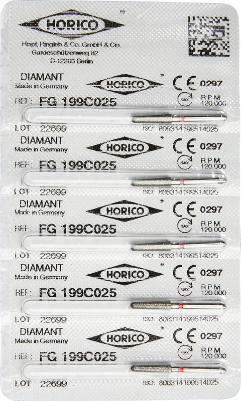 Diamantschleifer 199  Packung  5 Stück rot fein, FG, Figur 199, 10 mm, ISO 025