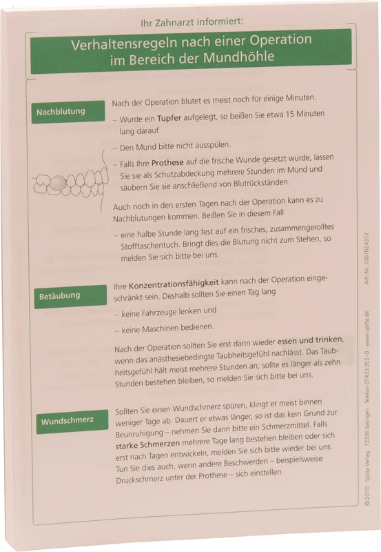 Patientenmerkblätter   Stück  100 Blatt OP in der Mundhöhle, weiß\grün