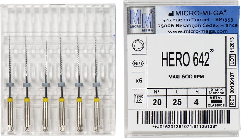 HERO 642 Feilen  Packung  6 Stück 25 mm, Taper.04, ISO 020