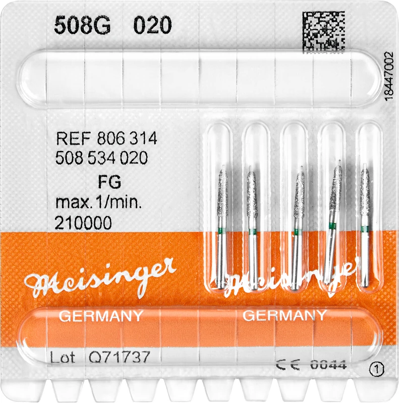 Diamanten 508  Packung  5 Stück grün grob, FG, Fig. 508 kon. Hohlkehle m. Führungssp., 7,5 mm, ISO 020