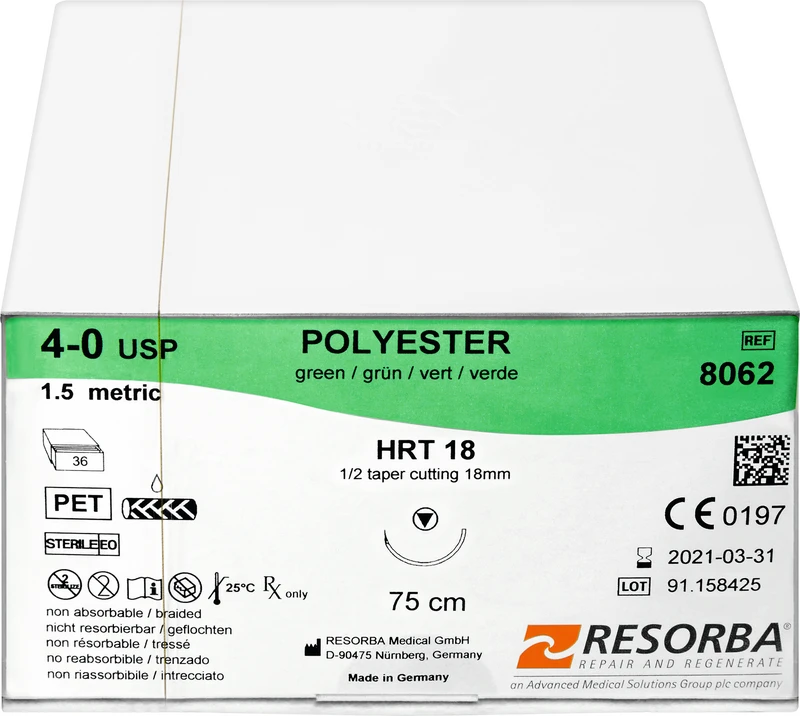 RESORBA® Polyester  Packung  36 Stück grün, 75 cm, HRT18, 1\2 Kreis, schneidender Rundkörper, 18 mm, USP 4\0