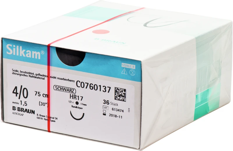 Silkam®  Packung  36 Stück schwarz, 75 cm, HR17, 1\2 Kreis, Rundkörper, 17 mm, USP 4\0