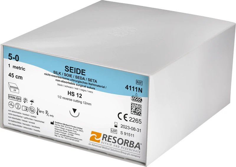 SEIDE  Packung  24 Stück schwarz, 45 cm, HS12, 1\2 Kreis, schneidend, 12 mm, USP 5\0, geflochten