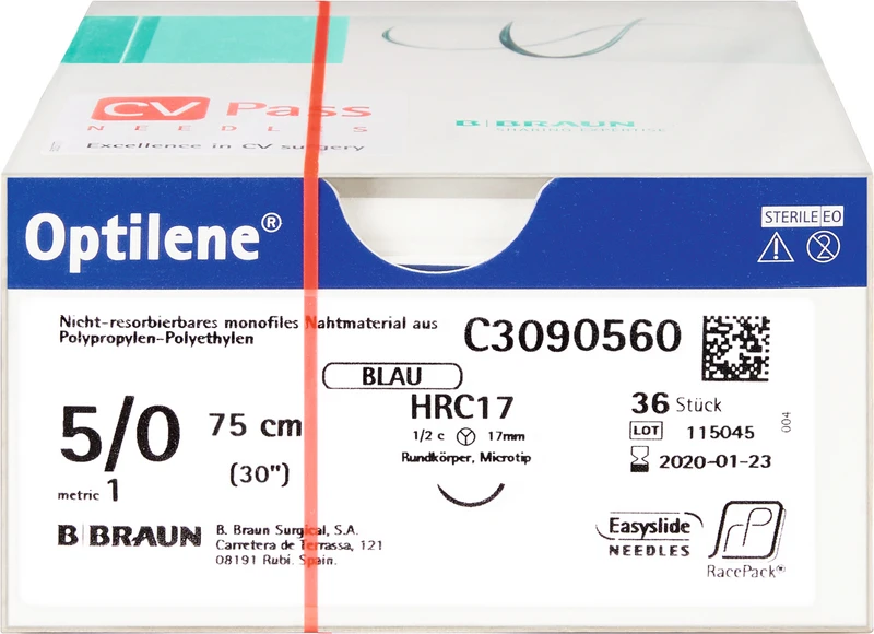 Optilene®  Packung  36 Stück blau, 75 cm, HRC17, 1\2 Kreis, Rundkörper, kurz, 17 mm, USP 5\0