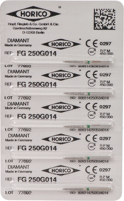 Diamantschleifer 250  Packung  5 Stück grün grob, FG, Figur 250, 10 mm, ISO 014