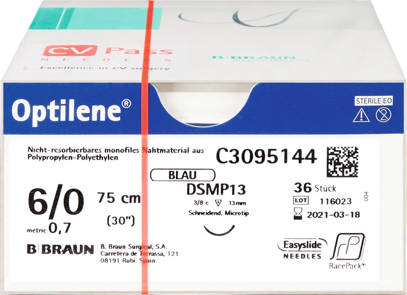 Optilene®  Packung  36 Stück blau, 75 cm, DRC13, 3\8 Kreis, Rundkörper, kurz, 13 mm, USP 6\0