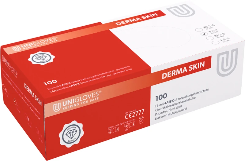 DERMA SKIN Latexhandschuhe  Packung  100 Stück puderfrei, naturlatex, S