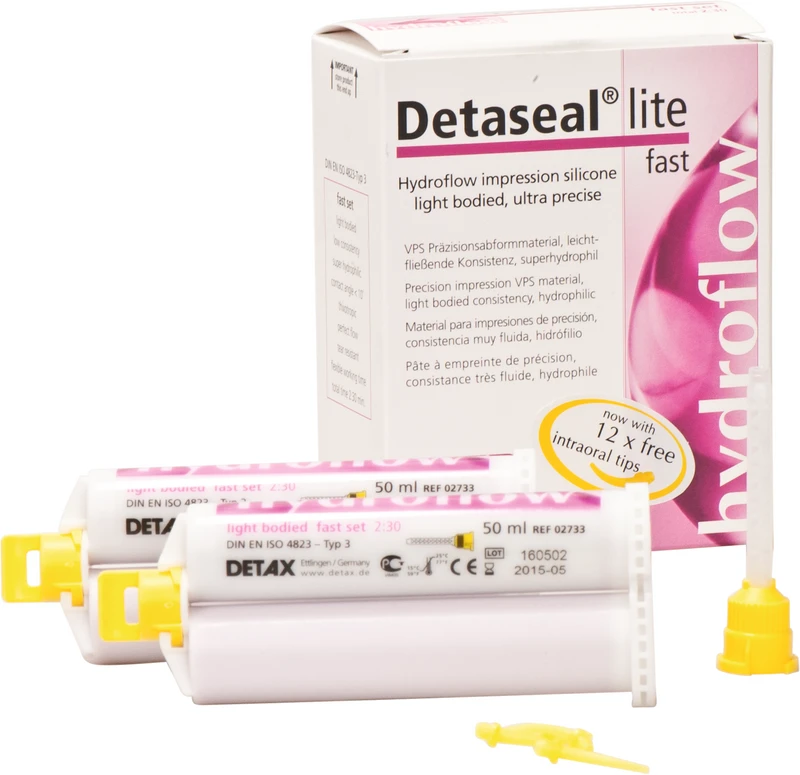 Detaseal® hydroflow lite  Standardpackung  2 x 50 ml Doppelkartusche fast, 12 Mischkanülen gelb