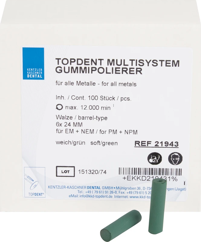 TOPDENT Multisystem-Gummipolierer  Packung  100 Stück grün weich, Walze Ø 6 mm x 24 mm