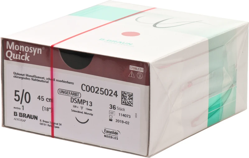 Monosyn® Quick  Packung  36 Stück ungefärbt, 45 cm, DSMP13, 3\8 Kreis, schneidend, Mikropräzision, 13 mm, USP 5\0