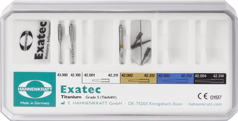 Exatec Titan   Test Set  1 Kanalerweiterer, 1 Kalibrierbohrer, 3 Titan-Wurzelstifte ,1 Messschablone, Box leer