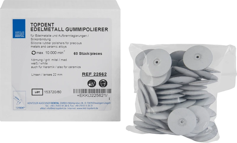 TOPDENT Edelmetall Gummipolierer  Packung  60 Stück weiß mittel (auch für Keramik), Linse 22 mm