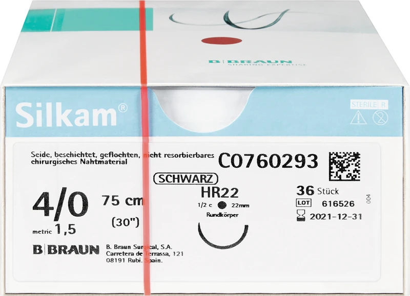 Silkam®  Packung  36 Stück schwarz, 75 cm, DS22, 3\8 Kreis, schneidend, 22 mm, USP 4\0