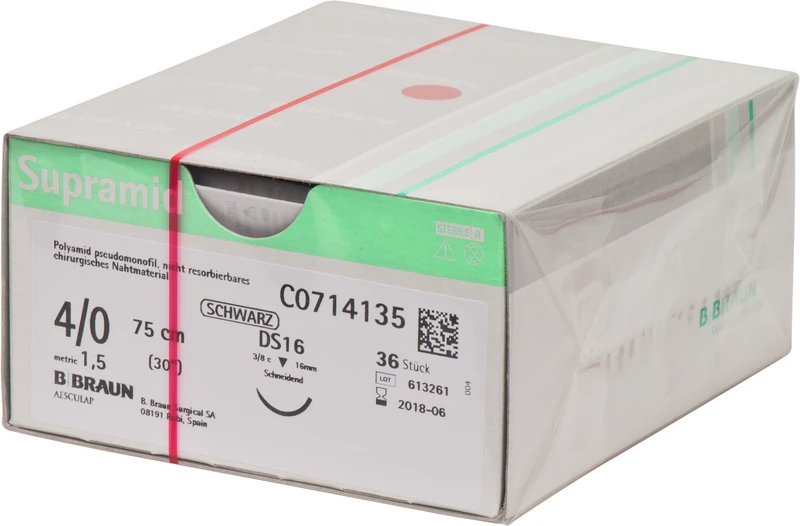 Supramid  Packung  36 Stück schwarz, 75 cm, DS16, 3\8 Kreis, schneidend, 16 mm, USP 4\0