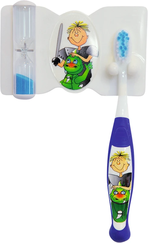 Dental Set compact  Packung  Ritter (1 Zahnbürste, 1 Zahnbürstenhalter mit Zahnputzuhr) blau